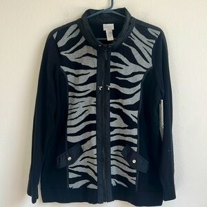 NEW Zenergy by Chico’s Black Gray Cotton Zara Zebra Zip Up Sweater Jacket